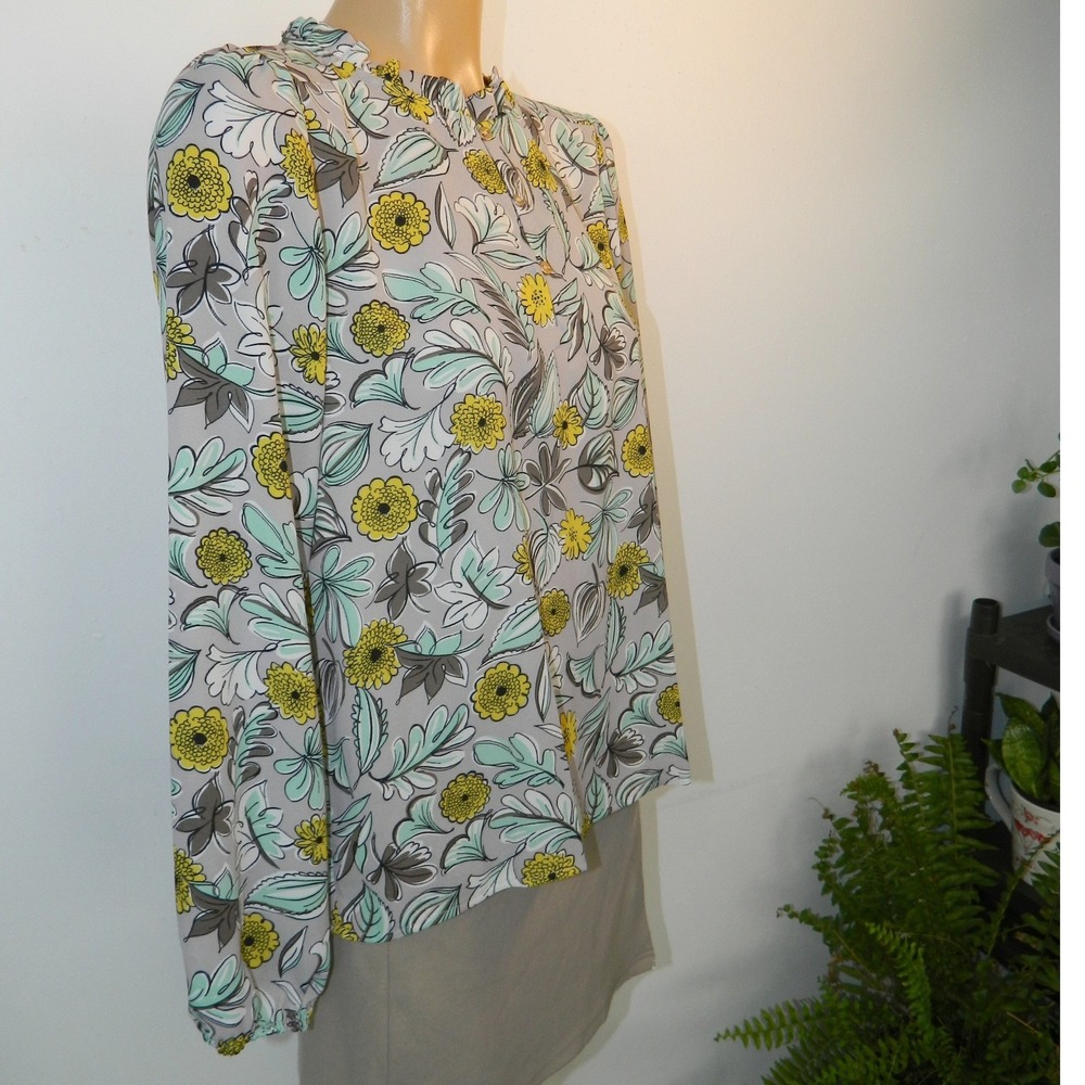 LOFT Outlet Floral Blouse Womens XS Grey Yellow Ruffle Neck Long Sleeve Top